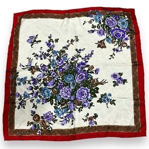 100% Silk Ivory, Red, Purple Floral Square Scarf Hand Rolled Hem 30” X 31”